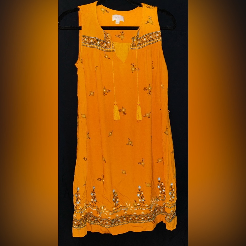 LOFT Golden Yellow Sleeveless Dress with Floral Embroidered Details